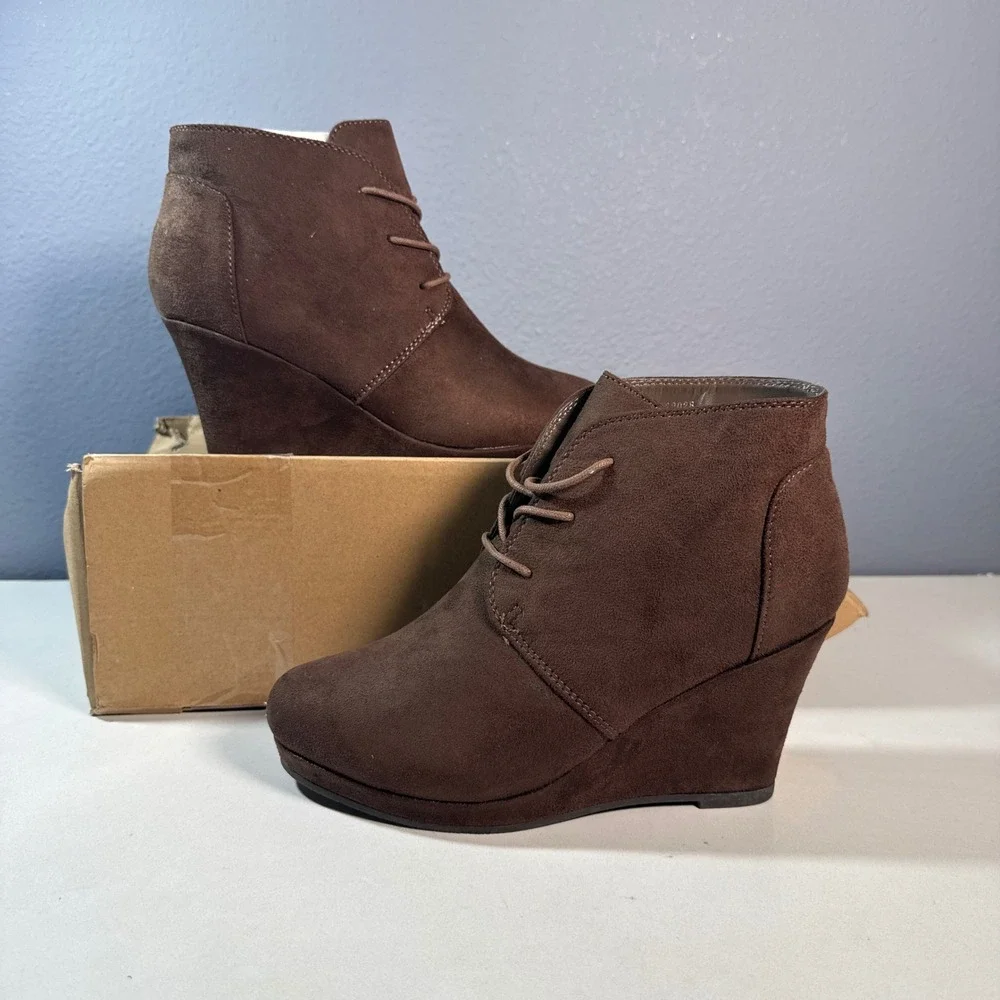 Journee Collection Wedge Booties Brown New Lace Up Faux Suede